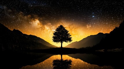 Poster - Serene lake reflection of night sky and lonely tree in tranquil mountain landscape