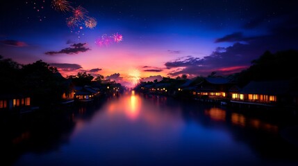 Canvas Print - Nightfall Serenity: Fireworks over Water Village