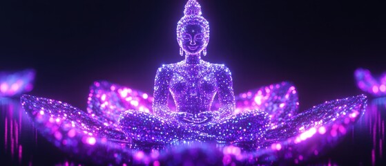 Aufkleber - Meditative buddha sculpture digital art colorful light display abstract environment
