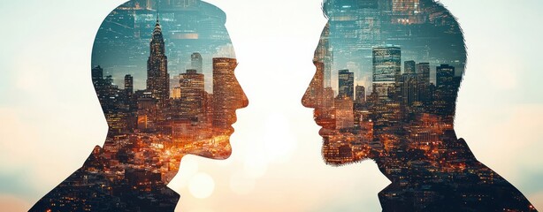 Aufkleber - The double exposure of Dual silhouettes of businessmen overlooking a cityscape urban environment conceptual