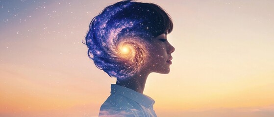 Aufkleber - The double exposure of Cosmic dreaminga girl's inner universe at sunset portraits surreal landscape view