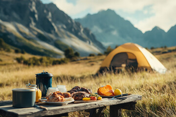 table with food and drinks outdoors near camp tent with mountains in background. breakfast in campin