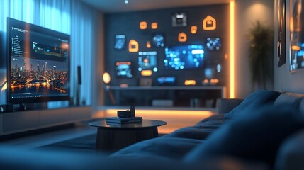 Poster - Futuristic smart home living room with glowing screens and interactive wall.
