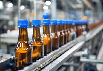 Poster - Factory Production Line with Brown Bottles and Blue Caps on Conveyer Belt, Industrial Machinery and Equipment for Beverage Manufacturing Process