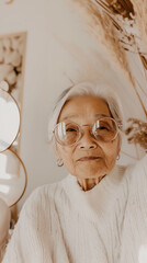 Closeup beauty portrait of old Asian woman making selfie