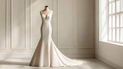 Poster - A stunning minimalist wedding dress displayed on a mannequin in a bright airy studio setting with a plain uncluttered background showcasing the elegant lines and fabric of the garment