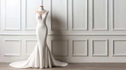 Poster - A sleek and elegant minimalist wedding dress displayed on a white mannequin against a plain white wall offering ample copy space for design or advertising purposes