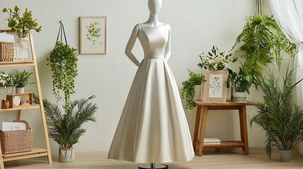 Poster - Elegant side view of a minimalist wedding gown made of soft satin fabric placed in a bright spacious room with natural lighting offering ample copy space for various design or editorial purposes