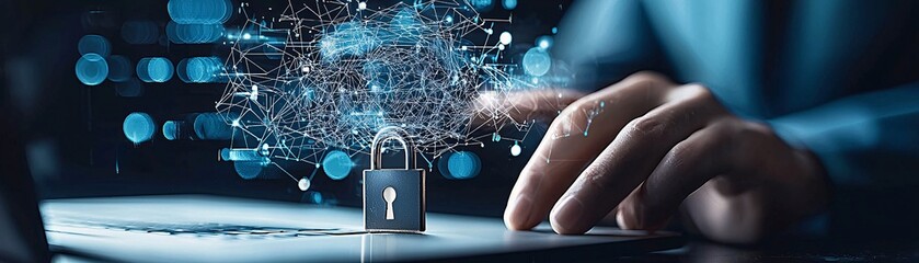 Aufkleber - a hand holding a lock and key, with a blurred figure in the background manipulating a computer, symb