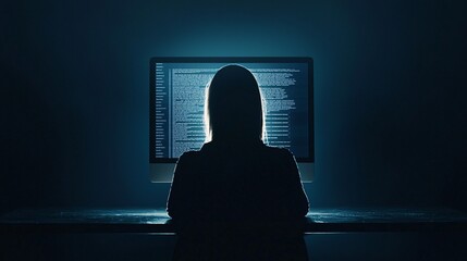 Poster - a computer screen displaying a fake login page, with a figure in the shadows subtly observing, symbo