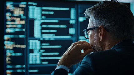 Poster - a cybersecurity professional analyzing a screen filled with malware warnings and code, set against a