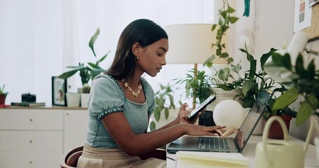 Aufkleber - Remote work from home, laptop and woman with cellphone, typing or digital app with network. Person, copywriting or entrepreneur with pc, internet or smartphone with email notification or social media