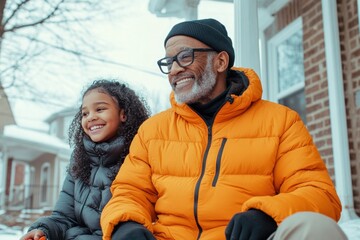 Smiling duo bundled in jackets against a snowy backdrop