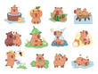 © YummyBuum - Funny capybaras. Happy exotic comic animals, cute biggest rodents, different poses, actions and emotions, kawaii characters, cartoon flat isolated illustration, stickers tidy vector set