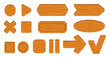 © YummyBuum - Cartoon wooden game buttons. Text underlays different shapes, blank panels for menu interfaces, tree textured navigation pointers and boards, ui dashboard, empty frames. Nowaday vector set