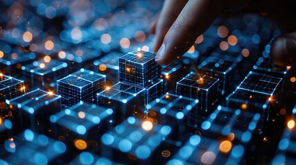 Poster - Finger interacting with glowing digital cubes, representing data processing or network infrastructure.
