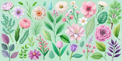 Wall Mural - Various colorful flowers and leaves arranged in a vibrant botanical design suitable for decoration