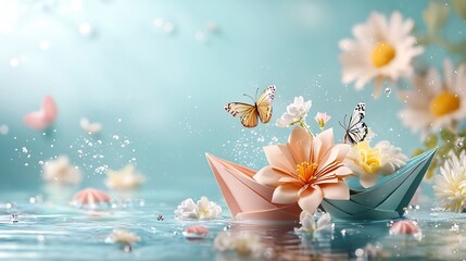 Poster - Ethereal Image of Folded Paper Boats Gently Floating on a Calm Reflective Surface with Soft Pastel Colors and Delicate Shadows Evoking a Sense of Peaceful Serenity and Childlike Wonder