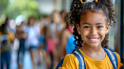 Smiling Schoolgirl: A radiant young girl with a bright smile and curly hair, wearing a yellow shirt and backpack, stands confidently against a blurred background of her schoolmates.