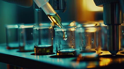 Wall Mural - Scientist using pipette to add liquid to multiple transparent test tubes in laboratory setting