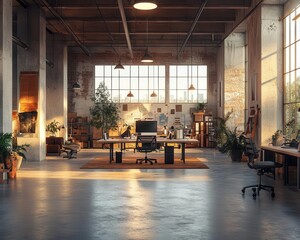 Wall Mural - A serene office space within a warehouse where logistics plans are reviewed under warm natural lighting, realistic film textures