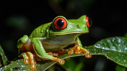 Aufkleber - This captivating creature, with striking red eyes and brilliant green skin, rests atop a leaf in its natural rainforest habitat, an emerald world of life and vibrancy