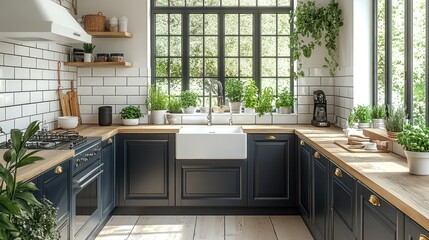 Bright, modern kitchen with dark cabinets, white subway tiles, and abundant greenery.