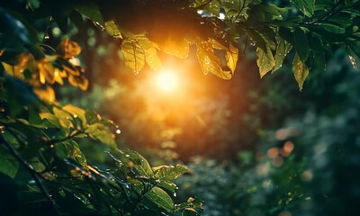 Wall Mural - sunlight filtering through lush green foliage