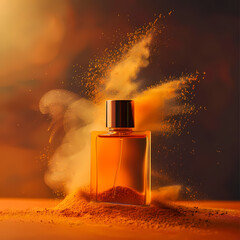 Aromatic Explosion:  A captivating close-up of a glass perfume bottle, with golden accents, amidst a vibrant explosion of amber powder.  The image exudes an aura of luxury and sensual appeal.