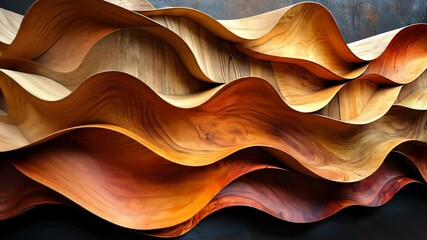 Poster - Intricate wood sculpture with flowing waves and warm tones enhances the serene ambiance of a modern gallery. Generative AI