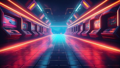 Poster - Neon-lit arcade corridor with retro gaming machines.