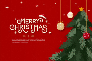 Wall Mural - Christmas background with pine tree ornament ball decoration and merry Christmas message, vector design