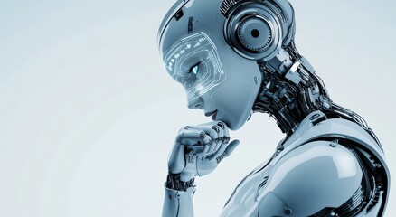 Poster - Futuristic Robot Profile with Digital Interface and Headphones, Showcasing Advanced Technology and Human-like Features in a Modern Design