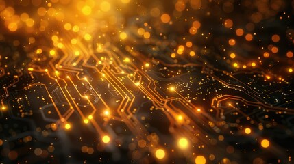 Poster - Illuminated circuit board with glowing orange pathways and bokeh effect.