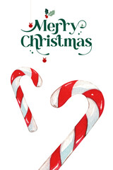 Wall Mural - Merry Christmas cover design with text and candy cane decoration, watercolor design, on white background