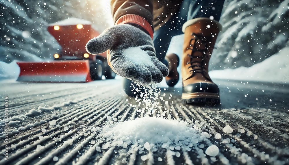Стоковое фото «worker spreading salt on icy ground to prevent slipping ...