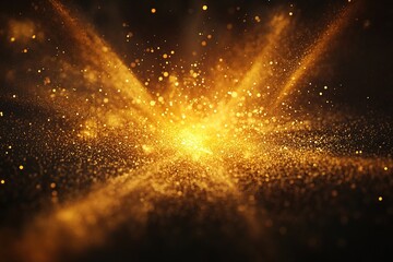 Poster - Glowing golden particles explode with light in dark