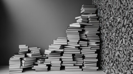 Poster - Stacked books against a patterned wall in a minimalist space 