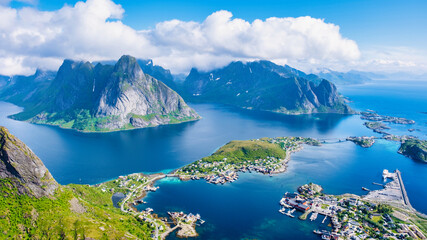 Wall Mural - a breathtaking aerial view of a stunning norwegian fjord. rolling green hills and majestic mountains