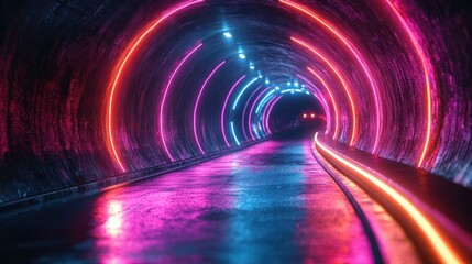 Poster - Futuristic Neon Tunnel with Vibrant Lights in Cyberpunk Style Depth and Motion