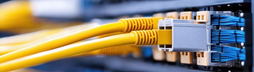 Poster - Close-Up View of Yellow Network Cables Connected to Ethernet Ports