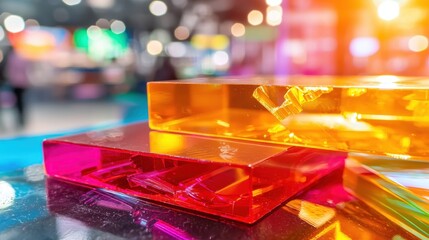 Poster - Colorful Transparencies on Reflective Surface in Vibrant Exhibition Space