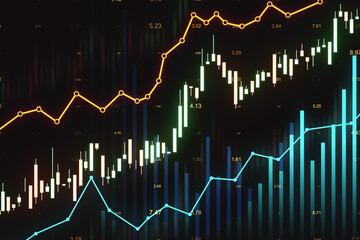 Poster - Stock market growth and investment concept with digital glowing candlestick and graphs on dark technological background. 3D rendering