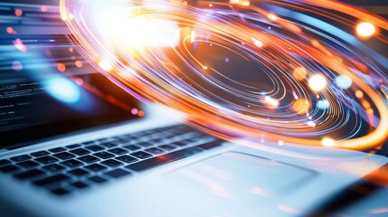 Poster - Abstract Light Trails with Laptop Background for Technology Concept