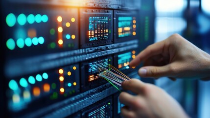 Aufkleber - Hands Connecting Cables to Server in Data Center with Colorful Lights
