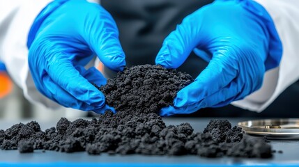 Poster - Scientist Analyzing Black Granular Material in Laboratory Setting