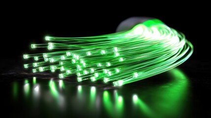 Poster - Green Fiber Optic Cables with Bright Lights on Dark Surface