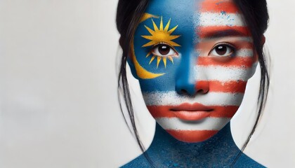 Wall Mural - Woman with Malaysian flag face paint, vivid colors, serene expression