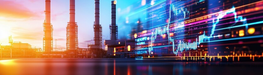 Fototapete - Industrial Landscape with Power Plant and Digital Data Visualization