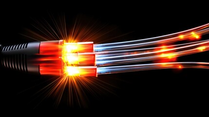 Poster - Glowing Fiber Optic Cables with Bright Lights on Dark Background
